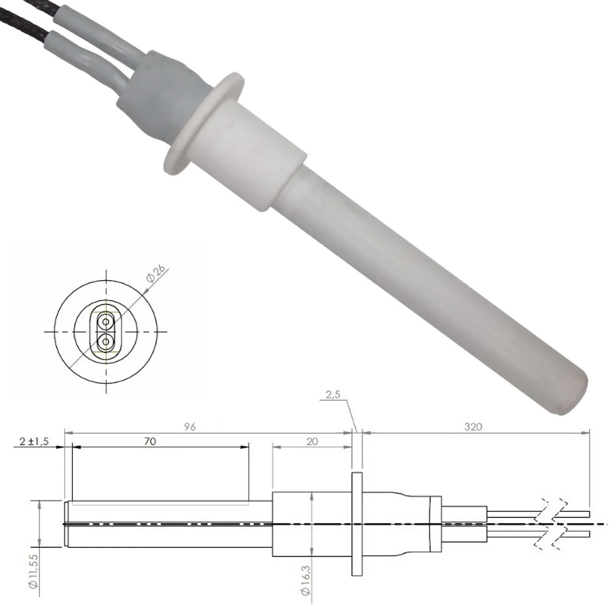 CANDELETTA RESISTENZA STUFA A PELLET CADEL MCZ 107mm IN CERAMICA battuta 96mm