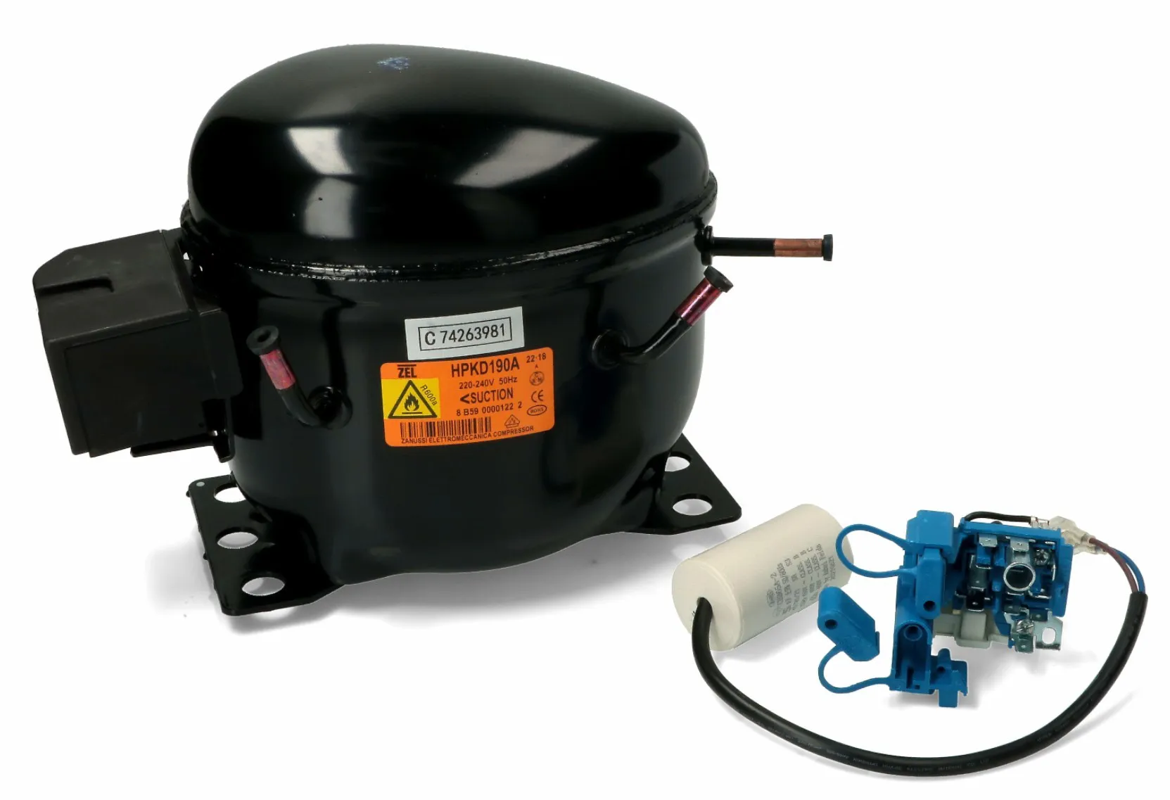 COMPRESSORE FRIGORIFERO HPKD190A R600 ZEL 11,4CC CONDENSATORE COMPLETO