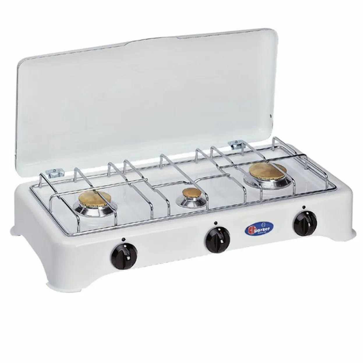 Fornello a gas 3 fuochi in ottone griglia acciaio cm 58,5x27,5x12,5 PARKER GPL