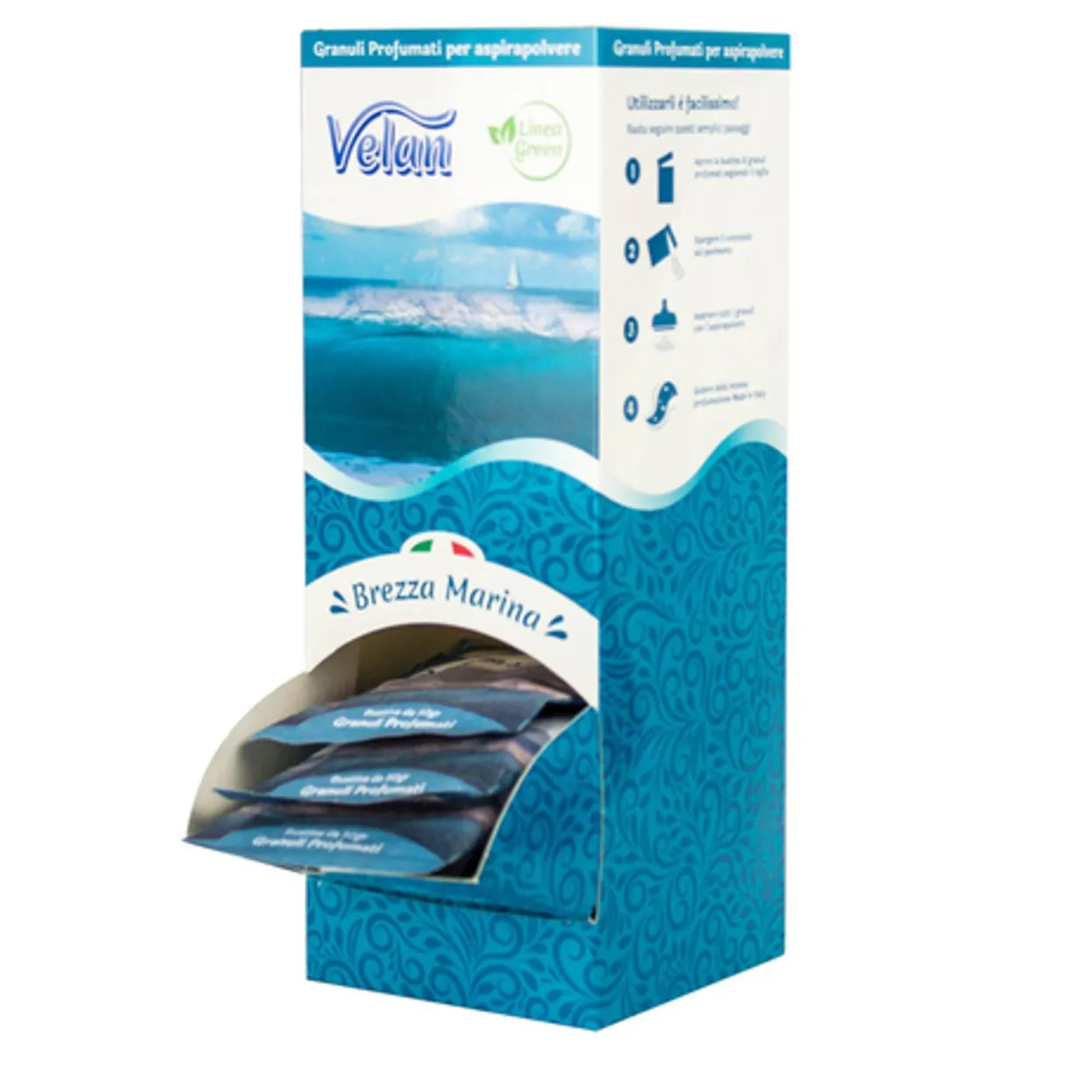 GRANULI PROFUMATI ASPIRAPOLVERE VELAN DISPENSER 25 BUSTINE PROFUMO BREZZA MARINA
