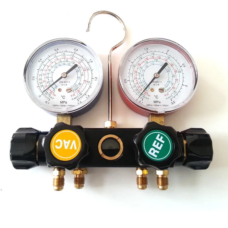 GRUPPO MANOMETRO DOPPIO FREON R22 R134A R404A R407C ATTACCO 1/4 4 VIE