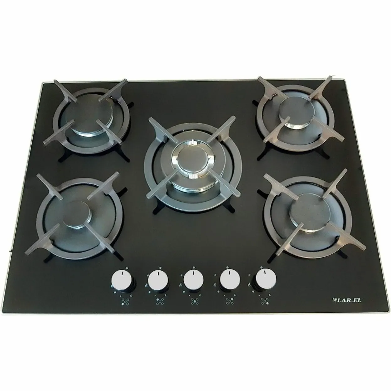 PIANO COTTURA 70 CM INCASSO VETRO NERO 5 FUOCHI GAS TRIPLA CORONA PIEZO LAREL