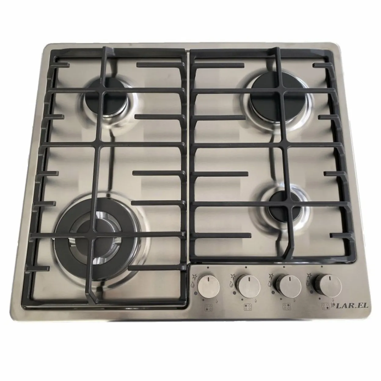 PIANO COTTURA INCASSO 60 INOX 4 FUOCHI GAS MANOPOLE FRONTALI TRIPLA CORONA LAREL