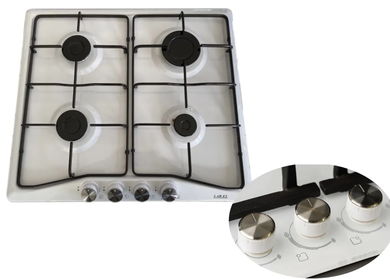 PIANO COTTURA INCASSO A 4 FUOCHI GAS BIANCO MANOPOLE FRONTALI 58X52 LAREL