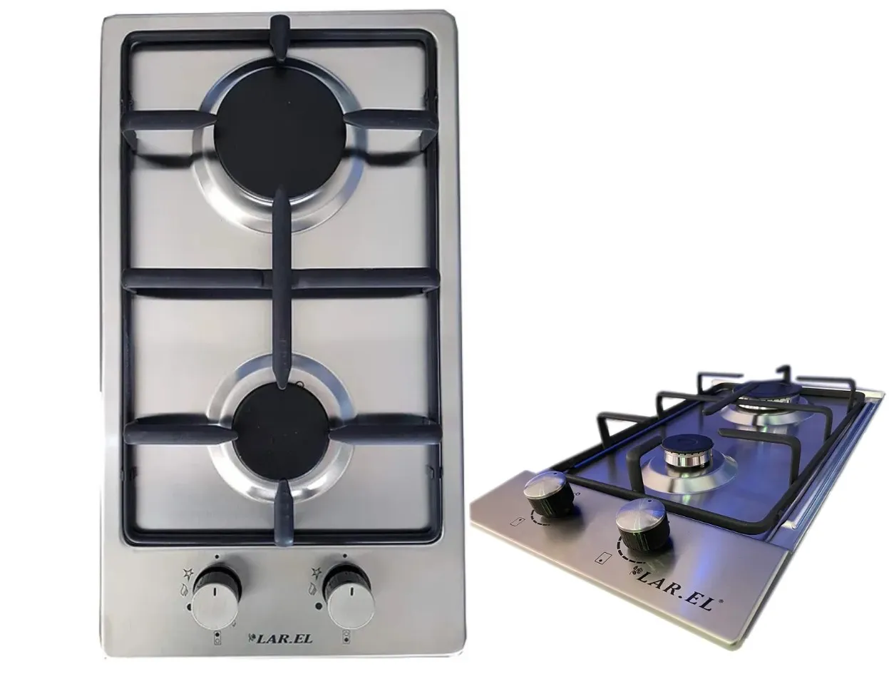 PIANO COTTURA INCASSO DOMINO 2 FUOCHI A GAS ACCIAIO INOX LAREL GRIGLIE GHISA