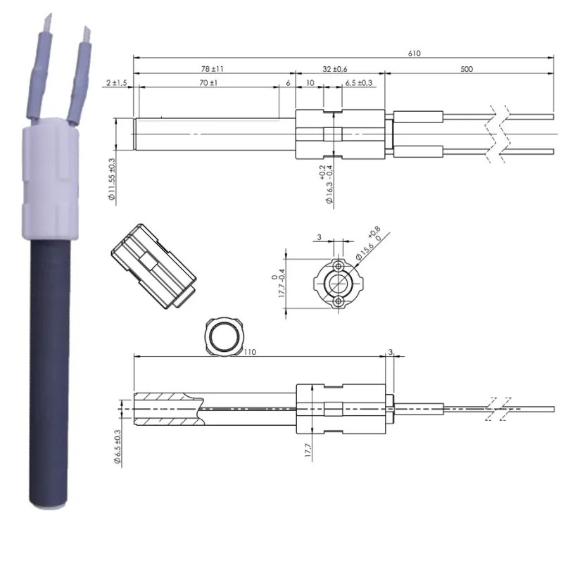 Resistenza accensione stufe a pellet in ceramica FLANGIA L.113MM 260W PALAZZETTI