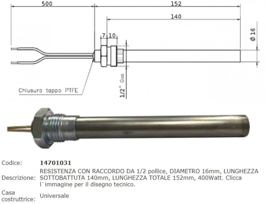 Resistenza Candeletta Stufa a pellet 1/2 lunghezza 14CM DIAM 16MM ECOSYSTEM