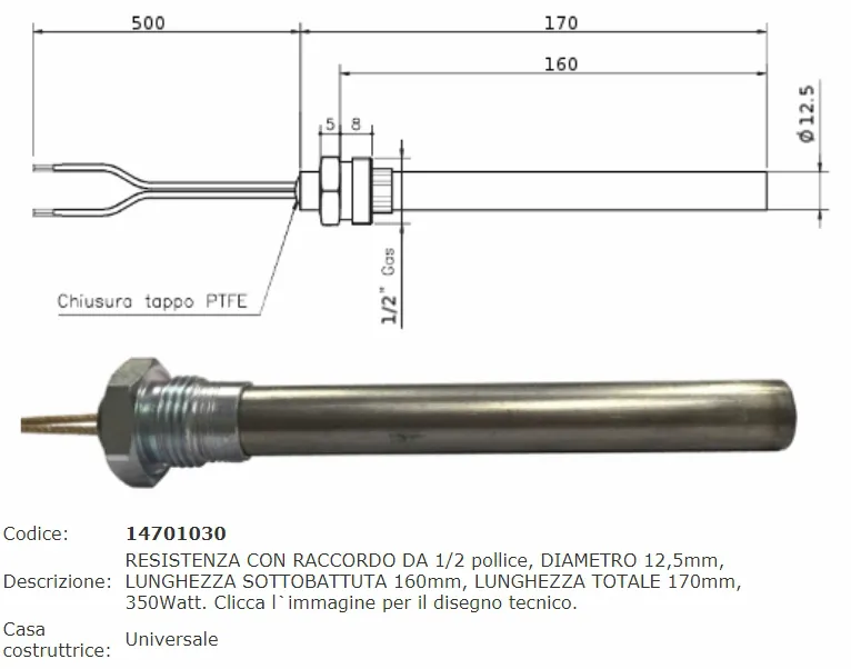 Resistenza Candeletta Stufa a pellet 1/2 lunghezza 16cm totale 17cm